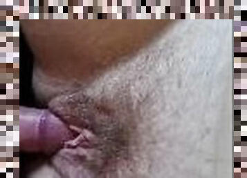 Step mom Just let the tip in hairy pussy and cum