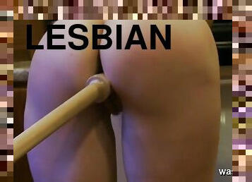 Lesbian Fucked By Dildo On Stick In Kitchen