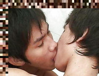 Cocksucking Asian twinks have bareback duo before pissing