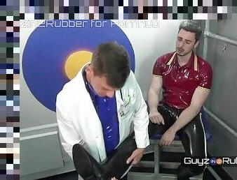Rubber Fetish Doc wins over his patient. Jerking,fucking,milking,cock massage by rubber covered feet