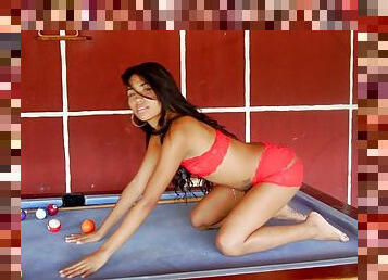 Horny Latina wildly masturbates on the pool table