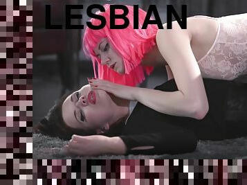 strapon, lesbian, alat-mainan, kaki, stokings, fetish, rambut-perang