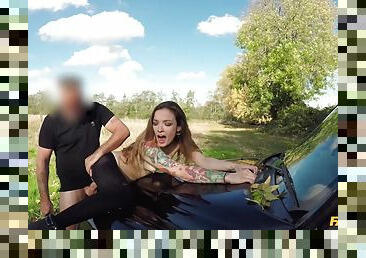 Tattoed Emo girl get fucked by fake taxi driver on the oppen air