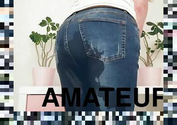 pisser, amateur, culotte, fétiche, solo, jeans, humide