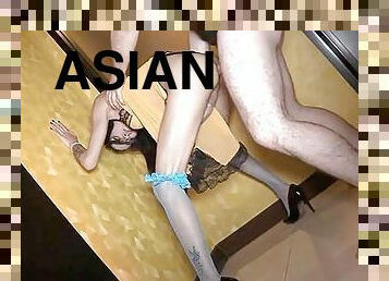 Long legged asian ladyboy in high heels gets nailed