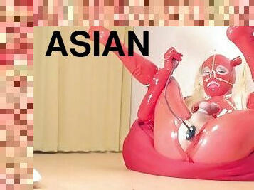 asiatisk, onani, amatør, anal, leke, fetisj, latex, dukke, maske, gummi