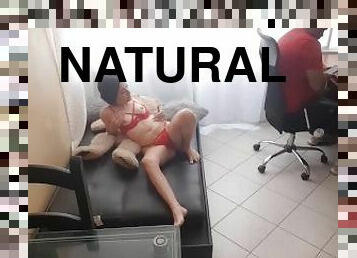 Natural Latina gets horny and fucks her pussy with her boss present