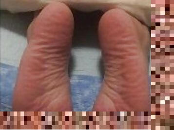 The Four bedtime positions caught on tape - Male feet hanging out of bed waiting to be tickled