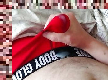 Cum in red boxers - I was so horny I came right through silky boxer briefs