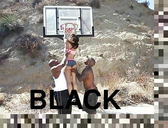 Lisa ann playing basketball with two black dudes