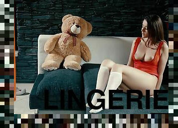 Cute Girl With Sexy Body Masturbates Watched By Giant Teddy Bear