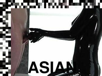 asiatisk, tenåring, handjob, pov, fetisj, latex, dukke, maske, gummi