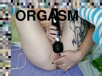 Intense Orgasm from Vibrator - Magic Wand - Girl Cum - Striped Stockings