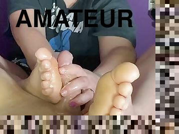 Nice morning handjob and sexy oiled soles