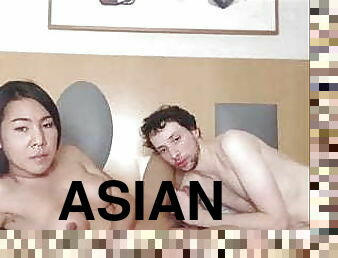 asiatisk, onani, shemale, amatør, blowjob, transeksuell, par, suging