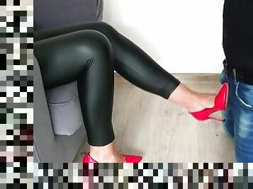Sexy Mistress kicking Slave's balls so hard in red High Heels!