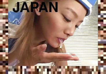Naughty Japanese AV model plays cosplay stewardess in threesome