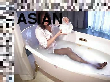 asiatique, baignade, collants, pieds, bas, point-de-vue, fétiche, douche, solo, taquinerie