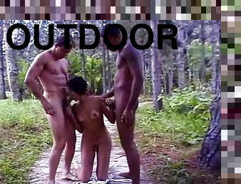 Outdoor interracial screwing trio