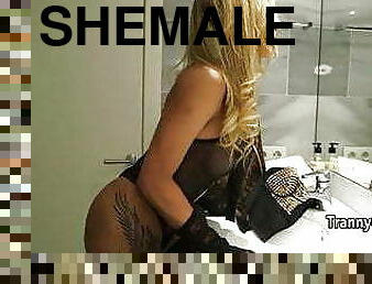 shemale, blowjob, strømper-stockings, kåt, undertøy, rimjob