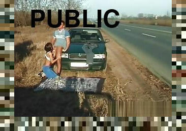 nudista, público, locura, coche