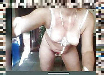 Granny with a shaved pussy flashes tits, close up of her ass