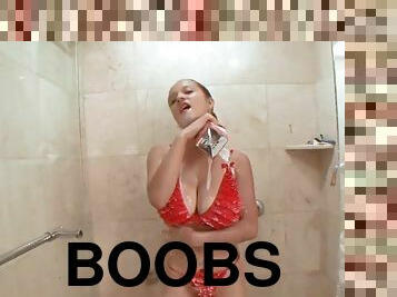 Big tits Paris Milan in the shower shows her boobs