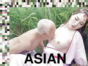 asiático, velho, cona-pussy, beijando, mais-velho, chinesa