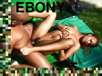 Slutty ebony babe deep-throats his huge cock