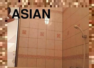 asien, baden, haarig, japanier, kam, spitzel, voyeur, dusche, brunette, versteckte