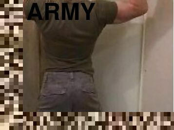 Muscular army guy flexing big biceps and shooting cum, ready to fight!