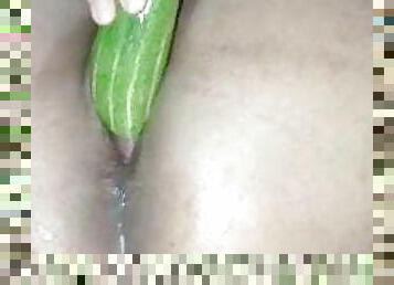 Horny girl using cucumber to masturbate, but it doesn&#039;t fit 