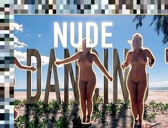 nudist, utomhus, publik, fru, amatör, strand, dansar, exhibitionist