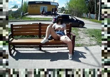 exhibitionist wife outdoor bench, risky, very public