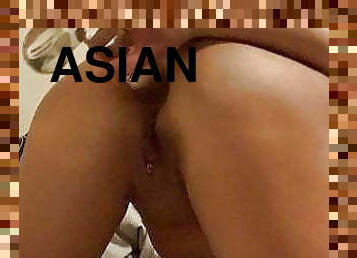 asiatique, lunettes, masturbation, orgasme, jouet, gode