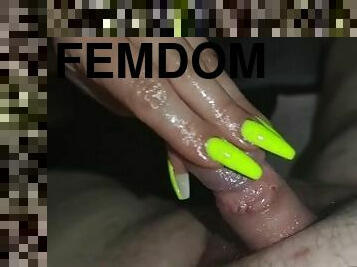 Long Nails in Neon Yellow give Handjob to tiny cock with Oil *cumblasting*