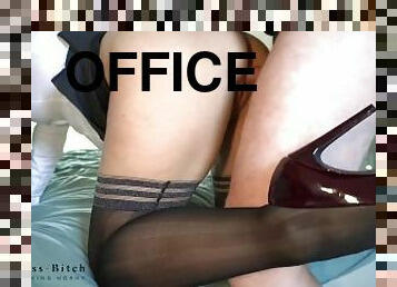 Lunch break sex with a hot office clerk in stockings and high heels ends with a missionary creampie
