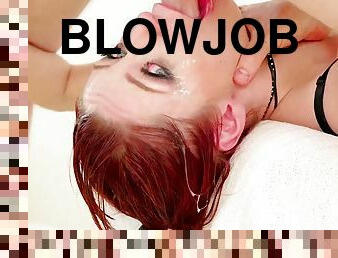 Redhead babe enjoys deep rough deepthroat blowjob and sticky slobbery facial cumshot - fetish