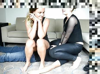 Two goddesses trampling, foot and face sitting slave (foot domination, femdom, facesitting, feet)