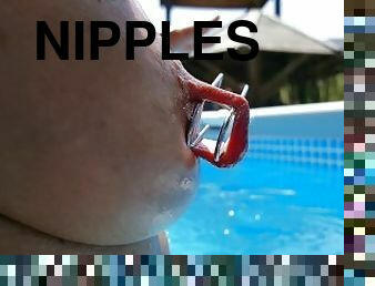 nippleringlover topless in pool extreme nipple stretching torture on huge pierced nipples