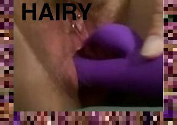 Hairy pussy milf taking big purple vibrator