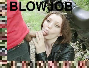 anal sex and gentle blowjob in the woods with a cute beauty in a leather jacket cute face is flooded