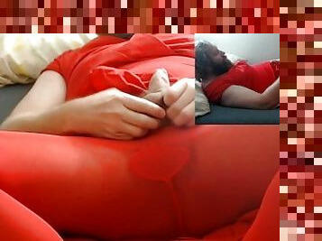 Quick Jerk off session in my Favorite Sexy Red Dress With Red Stockings oh I feel so sexy like this