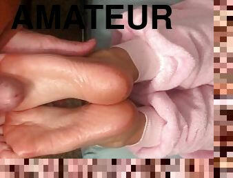 amatør, udløsning, massage, par, fødder, sperm, fetish, tæer