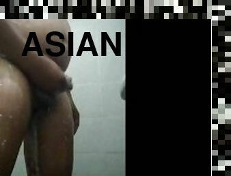 Asian in the shower jerking anal finger