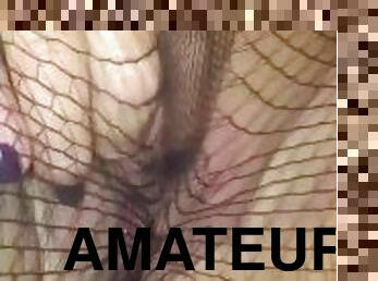 Front pussy play in fishnets...