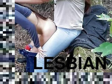 gode-ceinture, lesbienne, jouet, couple, pute, bout-a-bout, forêt, fessée