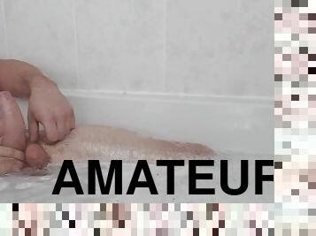 Chubby guy foreskin and balls bathtime play after oily day in garage