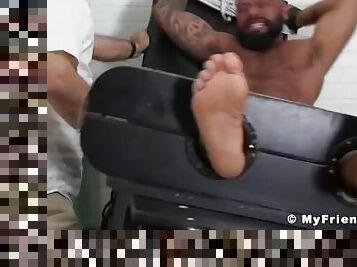 Bearded black hunk restrained for body tickling tormenting