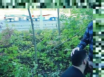 Exhibitionist gets a blowjob on the side of a BUSY HIGHWAY during rush hour